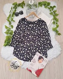 شومیز یقه پاپیونی مشکی طرح بابونه ریز ساره سایز-3-تخفیفی