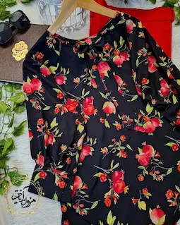 شومیز یقه پاپیونی مشکی قرمز طرح گل انار نارمیلا