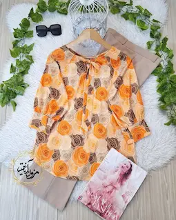 شومیز یقه پاپیونی کاراملی دارچینی طرح رز