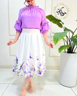 دامن پیله دار سفید طرح نیمه گلهای بهاری و پروانه یاسی ویولت