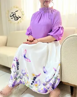 دامن پیله دار سفید طرح نیمه گلهای بهاری و پروانه یاسی ویولت