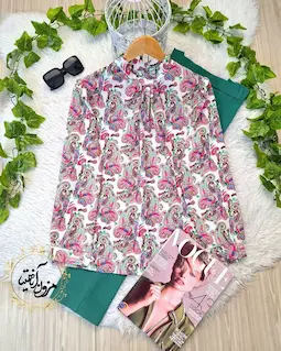 شومیز یقه پیله دار سفید طرح بته جقه های رنگی شاداب