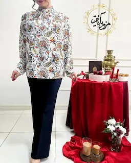 شومیز یقه پیله دار سفید طرح سنتی رنگی شکوه