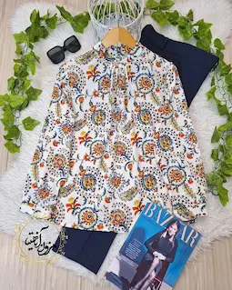 شومیز یقه پیله دار سفید طرح سنتی رنگی شکوه