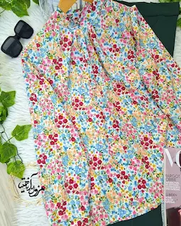 شومیز یقه پیله دار سفید طرح شکوفه ای رنگی مهینا