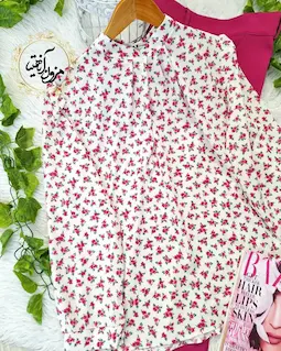 شومیز یقه پیله دار سفید طرح گلهای ریز زرآنا