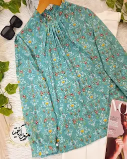 شومیز یقه پیله دار فیروزه ای طرح گلدار سنتی پونه