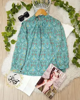 شومیز یقه پیله دار فیروزه ای طرح گلدار سنتی پونه