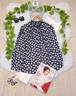 شومیز یقه پیله دار مشکی طرح شکوفه ریز سفید آروا سایز-1-تخفیفی