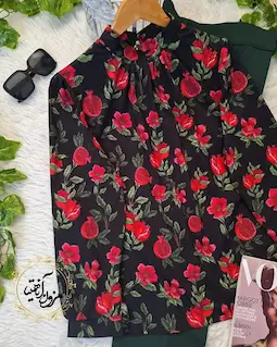 شومیز یقه پیله دار مشکی طرح گل انار ستوده