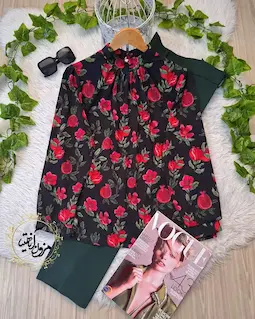 شومیز یقه پیله دار مشکی طرح گل انار ستوده سایز-4-تخفیفی