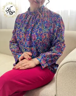 شومیز یقه پیله دار کاربنی طرح بته جقه های رنگی ریحانا
