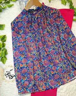 شومیز یقه پیله دار کاربنی طرح بته جقه های رنگی ریحانا