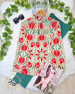 شومیز یقه پیله دار کرم سبز طرح انار قرمز آنارام سایز-2-تخفیفی