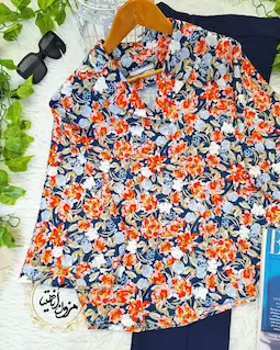 شومیز یقه کتی سرمه ای با طرح گلهای نارنجی گلنوش