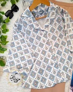 شومیز یقه کتی سفید طرح سنتی فیلی نسکافه ای تیدا