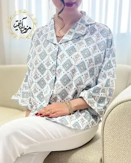 شومیز یقه کتی سفید طرح سنتی فیلی نسکافه ای تیدا