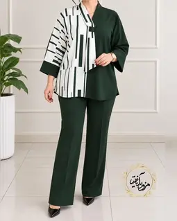 شومیز یقه کراواتی سایز بزرگ سفید سبز طرح ترکیبی مبینا