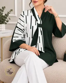 شومیز یقه کراواتی سایز بزرگ سفید سبز طرح ترکیبی مبینا
