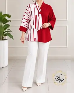 شومیز یقه کراواتی سایز بزرگ سفید قرمز طرح ترکیبی مبینا