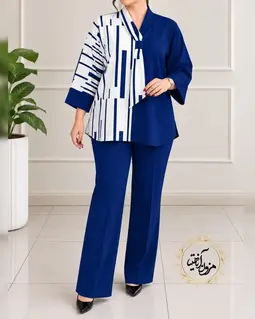 شومیز یقه کراواتی سایز بزرگ سفید کاربنی طرح ترکیبی مبینا