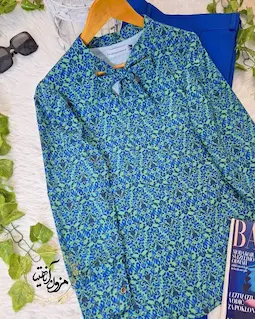 شومیز یقه کراواتی سبز آبی طرح سنتی پریشاد