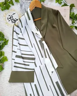 شومیز یقه کراواتی سفید سبز طرح ترکیبی مبینا