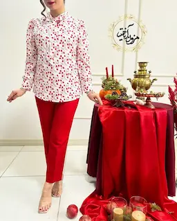 شومیز یقه کراواتی سفید طرح انار ریز شاخه طلایی نارمک