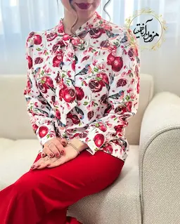 شومیز یقه کراواتی سفید طرح انار و بلبل چیکو