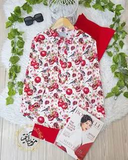 شومیز یقه کراواتی سفید طرح انار و بلبل چیکو