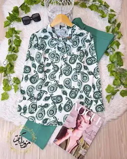 شومیز یقه کراواتی سفید طرح بته جقه سبز سایز-3-تخفیفی