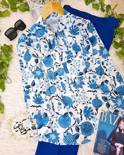 شومیز یقه کراواتی سفید طرح برگ و گلبرگ انار کاربنی پریفام