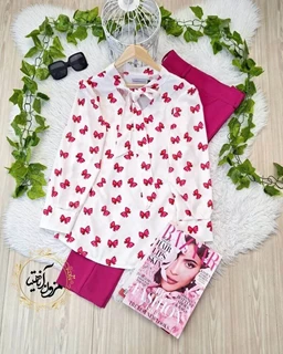 شومیز یقه کراواتی سفید طرح پاپیون سرخابی همتا سایز-2-تخفیفی