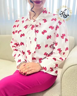 شومیز یقه کراواتی سفید طرح پاپیون سرخابی همتا