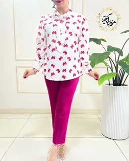 شومیز یقه کراواتی سفید طرح پاپیون سرخابی همتا