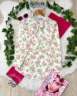 شومیز یقه کراواتی سفید طرح گلهای سرخابی شیدا سایز-5-تخفیفی