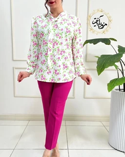 شومیز یقه کراواتی سفید طرح گلهای سرخابی شیدا