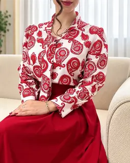 شومیز یقه کراواتی سفید قرمز طرح بته جقه