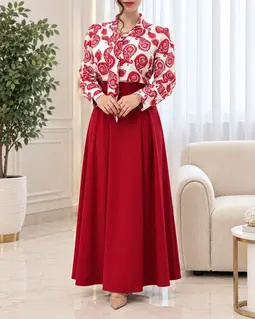 شومیز یقه کراواتی سفید قرمز طرح بته جقه