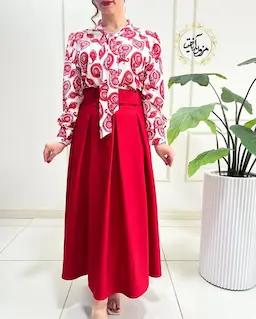 شومیز یقه کراواتی سفید قرمز طرح بته جقه