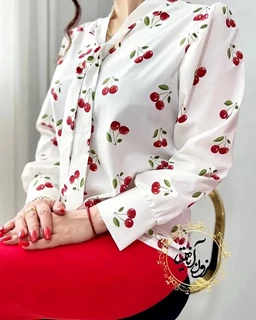 شومیز یقه کراواتی سفید قرمز طرح گیلاس سایز-4-تخفیفی
