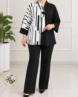 شومیز یقه کراواتی سایز بزرگ سفید مشکی طرح ترکیبی مبینا