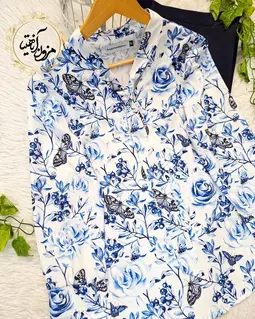 شومیز یقه کراواتی سفید کاربنی طرح گل رز و پروانه مارتا
