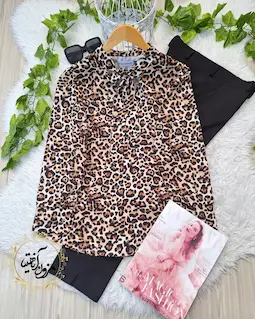 شومیز یقه کراواتی مشکی نسکافه ای طرح پلنگی کامیشا