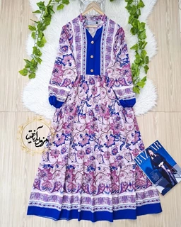 پیراهن ساحلی جلو حاشیه بنفش کاربنی طرح برگ و گلبرگ ساغر