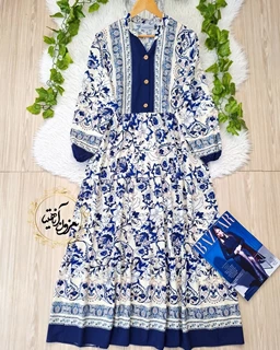 پیراهن ساحلی جلو حاشیه کرم سرمه ای طرح برگ و گلبرگ نوژان