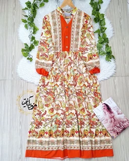 پیراهن ساحلی جلو حاشیه کرم نارنجی طرح برگ و گلبرگ هلیا