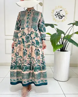 پیراهن ساحلی نسکافه ای سبز طرح برگ و گلبرگ آرگون