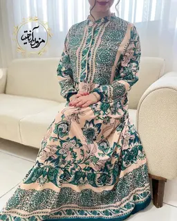 پیراهن ساحلی نسکافه ای سبز طرح برگ و گلبرگ آرگون