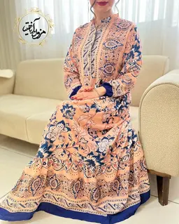 پیراهن ساحلی هلویی سرمه ای طرح برگ و گلبرگ برسین
